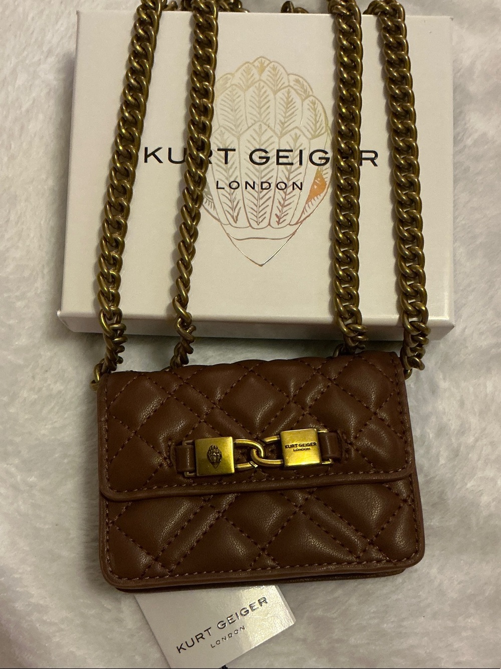 Kurt Geiger Quilted Brown Leather Micro Kingsley Crossbody chain purse 👜 - Picture 5 of 7